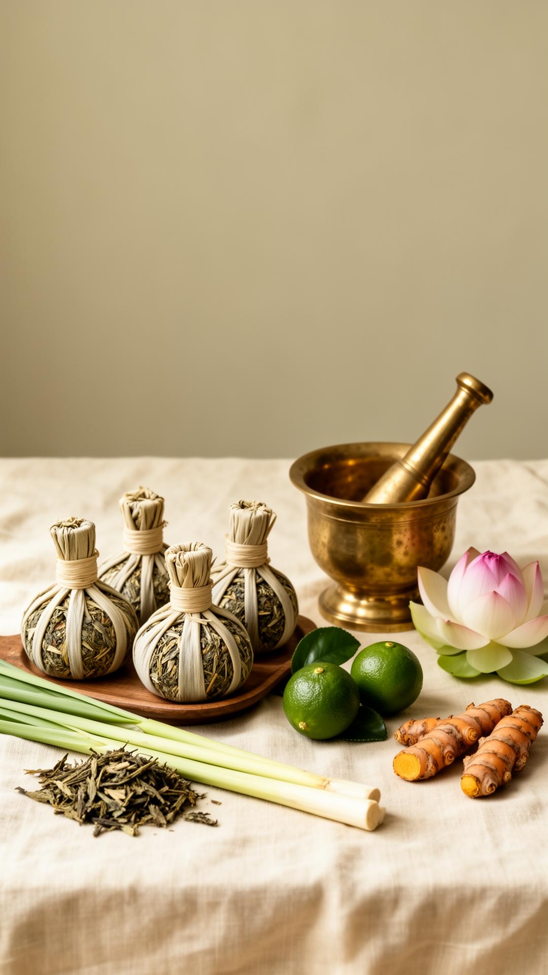 Traditional Thai healing herbs in a brass mortar